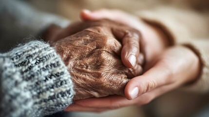 Elderly person holding hands with young caregiver, emotional and hopeful moment.
Concept : Aging, support, compassion, caregiving, intergenerational care, empathy, hope.