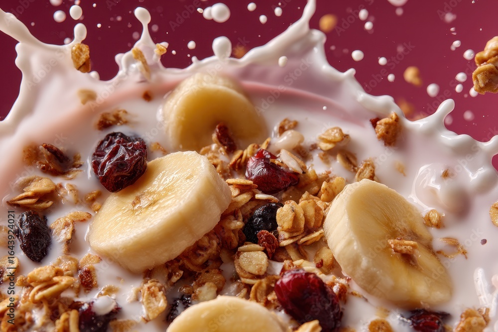 Poster cereal and fruit splash in a bowl with yogurt creating an enticing breakfast scene during morning ho
