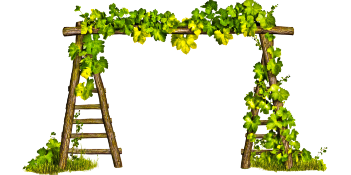 Wooden garden archway covered in lush green grape leaves with ladder supports