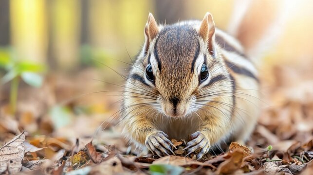 Chipmunk Foraging Among Autumn Leaves In Forest. Wildlife In Natural Habitat