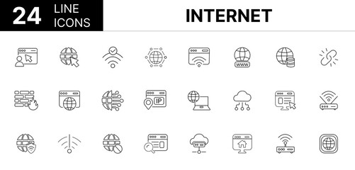 Collection of 24 Internet line icons featuring editable strokes. These outline icons depict various modes of Internet, cyberspace, icon, website, link, datum, web, online, domain,