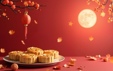 Chinese traditional holiday Mid autumn festival holiday background with mooncakes. High quality