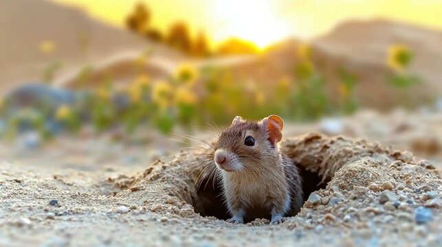 Gerbil Peeking Out Of Burrow In Desert Landscape At Sunset. Wildlife In Natural Habitat