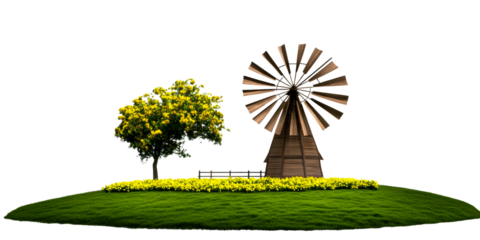Wooden windmill next to flowering tree on green island with fence and yellow flowers