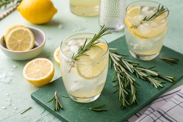 Summer refreshing lemonade drink or alcoholic cocktail with ice, rosemary and lemon slices on pastel light green surface