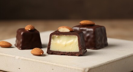 chocolates, dark chocolate squares with almond toppings and white chocolate inside