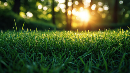 Naklejka premium Morning sunlight illuminates lush green grass in serene nature setting close-up view vibrant environment