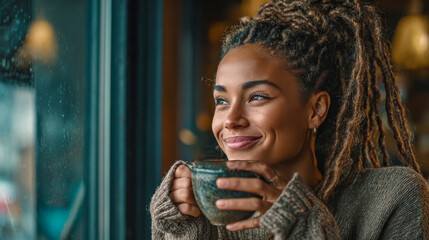African American woman with beautiful dreadlocks is enjoying a warm beverage while sitting by a window, with soft natural light illuminating her joyful expression and cozy atmosphere