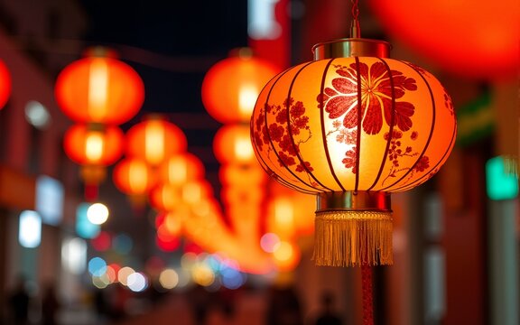 Close up image of Street illumination signs at Singapore China Town to celebrate Mid-Autumn Festival. High quality