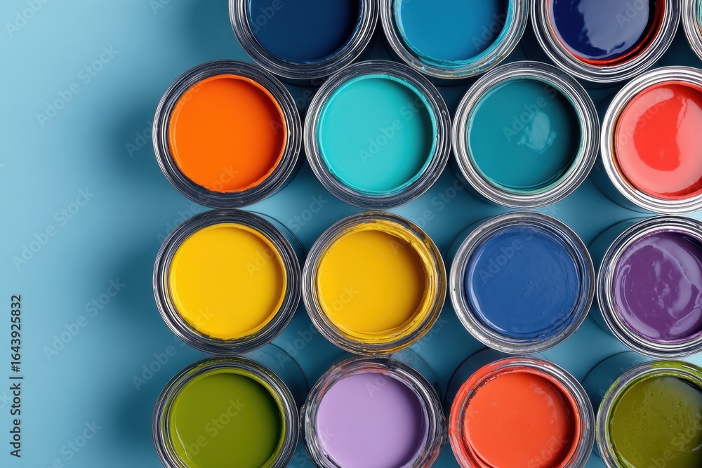 Poster vibrant array of paint cans displaying colors on a blue background in an artistic studio environment