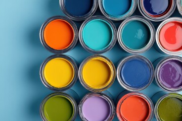 Vibrant array of paint cans displaying colors on a blue background in an artistic studio environment