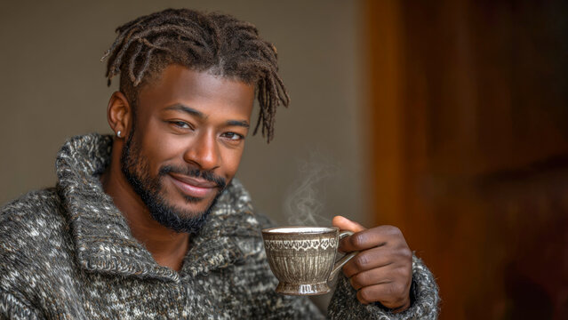 African American man with stylish dreadlocks is enjoying a warm beverage in a cozy setting, wearing a textured sweater, exuding warmth and comfort in a relaxed atmosphere