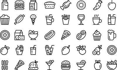 Food and drink line icon set, dining, hamburger, bistro, drawing, goggles, invitation, lined, planning, pyramid, ribbon entertain, feast, grape, and more victor illastretion. 