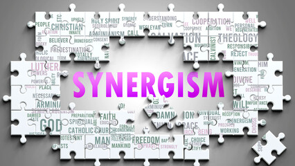 Synergism as a complex subject, related to important topics. Pictured as a puzzle and a word cloud made of most important ideas and phrases related to synergism. ,3d illustration