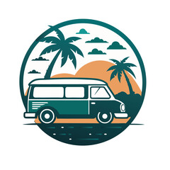 Retro car on a tropical beach with palm trees and a beautiful sunset