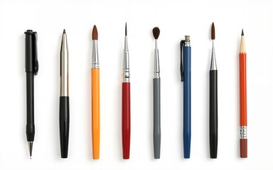 Collection of various pens, pencils, mechanical pencils, brushes and markers  isolated on a transparent background, PNG. High resolution. High quality