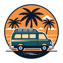 White minivan car with retro classic wheels on the beach for summer travel