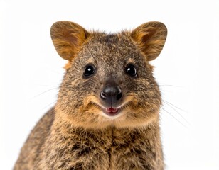 Naklejka premium Close-up portrait of a cute, smiling quokka with brown fur against a white background.
