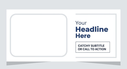 Minimalist banner template with a large placeholder for an image and space for a headline and call to action, all in white and blue.