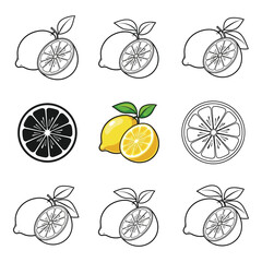 Illustration of lemons and lemon slices isolated on white background