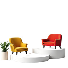 Two colorful armchairs on elevated platforms.