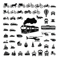 Vector art of set of transportation vehicle isolated on white background in silhouette