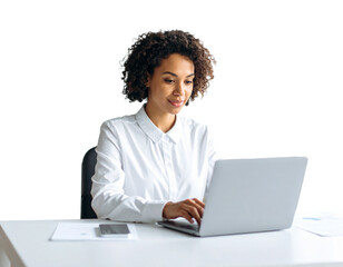 Firefly_3d Money Bag with dollar sign - Firefly_A woman uses a laptop, curly-haired in a white shirt isolated transparent background (2)
