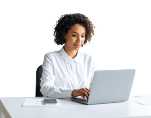 Firefly_3d Money Bag with dollar sign - Firefly_A woman uses a laptop, curly-haired in a white shirt isolated transparent background (2)