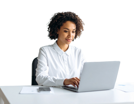 Firefly_3d Money Bag with dollar sign - Firefly_A woman uses a laptop, curly-haired in a white shirt isolated transparent background (2)
