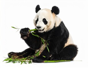 Naklejka premium A giant panda bear sits on a white background while eating a fresh green bamboo stalk and leaves.