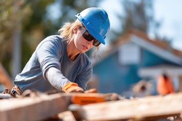 Volunteers helping families rebuild homes after natural disaster, construction materials and community cooperation, natural daylight with construction activity lighting, shot with 70mm lens, rebuildin