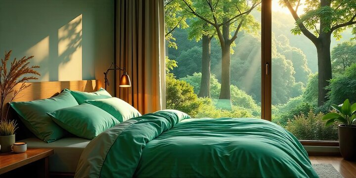 Serene Bedroom Sanctuary  Wake to Sunlight Streaming Through Expansive Windows, Overlooking Lush Greenery and Towering Trees