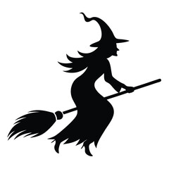 Obraz premium Silhouette of witch flying on broom with pointy hat during Halloween is on transparent background