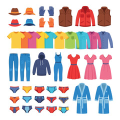 Vector art of collection of various clothing items isolated on white background