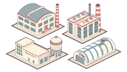 Isometric factory buildings vector illustration industrial complex manufacturing plant architecture design concept