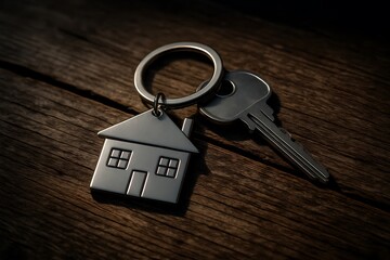Silver house keychain and key resting on a rustic wooden surface