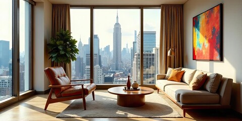 Modern apartment living room with panoramic city view and stylish mid-century furniture