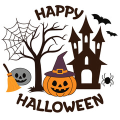 Spooky haunted house and pumpkin wishes viewers a happy Halloween day celebration on transparent background
