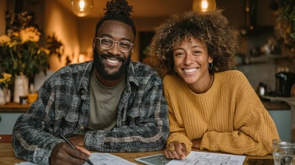 Young diverse couple sitting at kitchen table reviewing architectural blueprints and house plans, tablet showing 3D home visualization and financial planning documents, natural indoor lighting with en