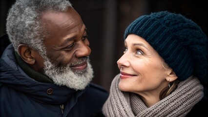 A happy diverse senior couple, dressed in warm winter clothing, smiles warmly while looking at each other outdoors.