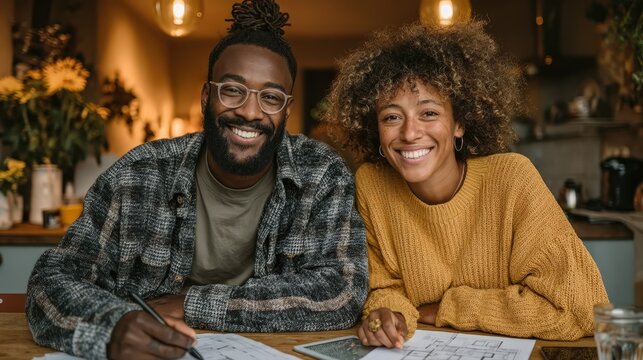 Young diverse couple sitting at kitchen table reviewing architectural blueprints and house plans, tablet showing 3D home visualization and financial planning documents, natural indoor lighting with en