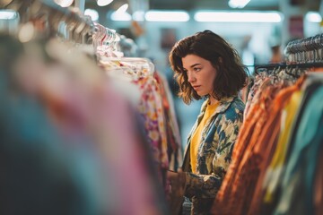 Young woman browsing through colorful vintage clothing racks in modern thrift store, discovering unique pieces, bright natural retail lighting with warm accent lights, shot with 50mm lens, vibrant ret