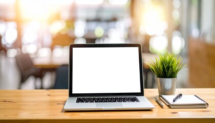 Mockup laptop with a blank white screen on a wooden desk in a modern office or co-working space background. Concept of workspace and technology.