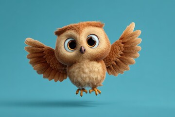 Obraz premium Cute cartoon owl flying against a solid blue background showcasing its fluffy feathers and expressive eyes