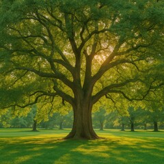 Fototapeta premium A grand, mature oak tree with a thick trunk and sprawling branches dominates the scene in a lush city park