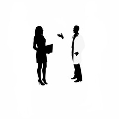 Experienced female doctor silhouette welcoming pharmaceutical representative isolated on white background