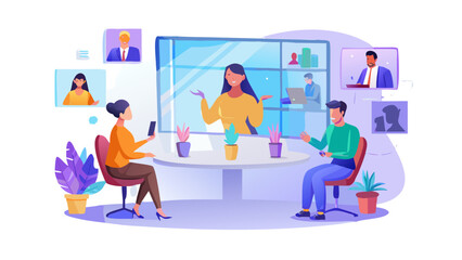 Illustration of a virtual meeting conference call online video with colleagues and team members online