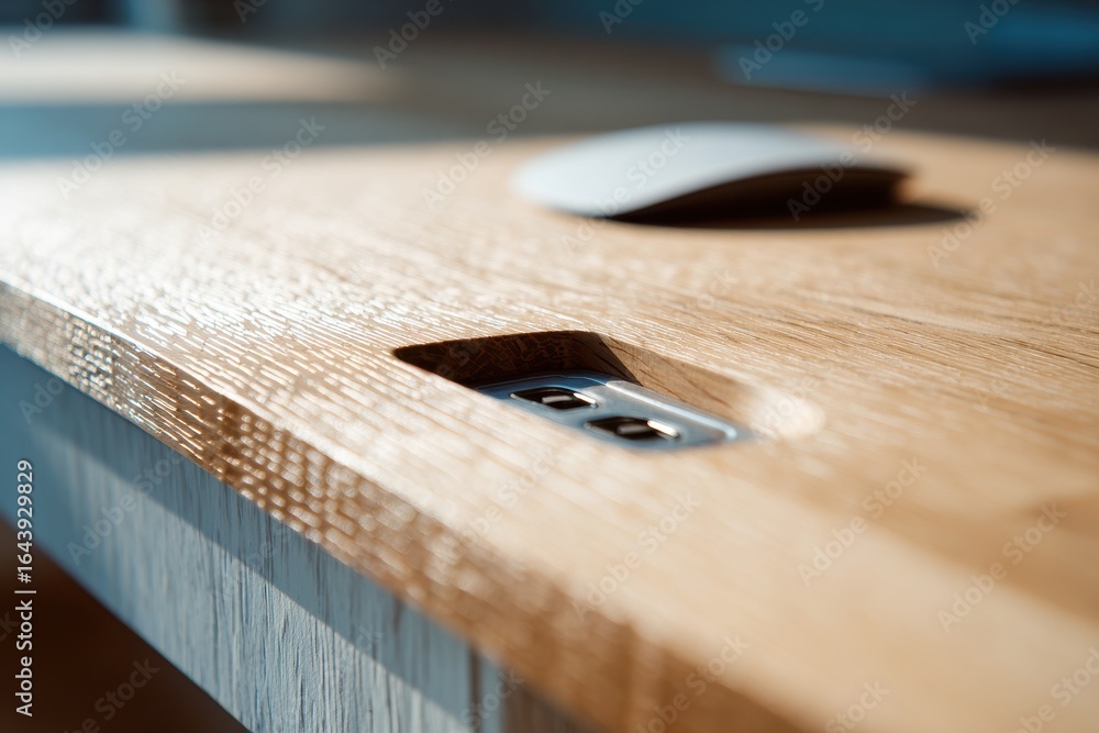 Poster close-up view of a wooden desk featuring a charging port and a computer mouse during sunlit afternoo