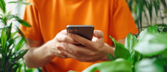 The man using a smartphone surrounded by lush green plants.