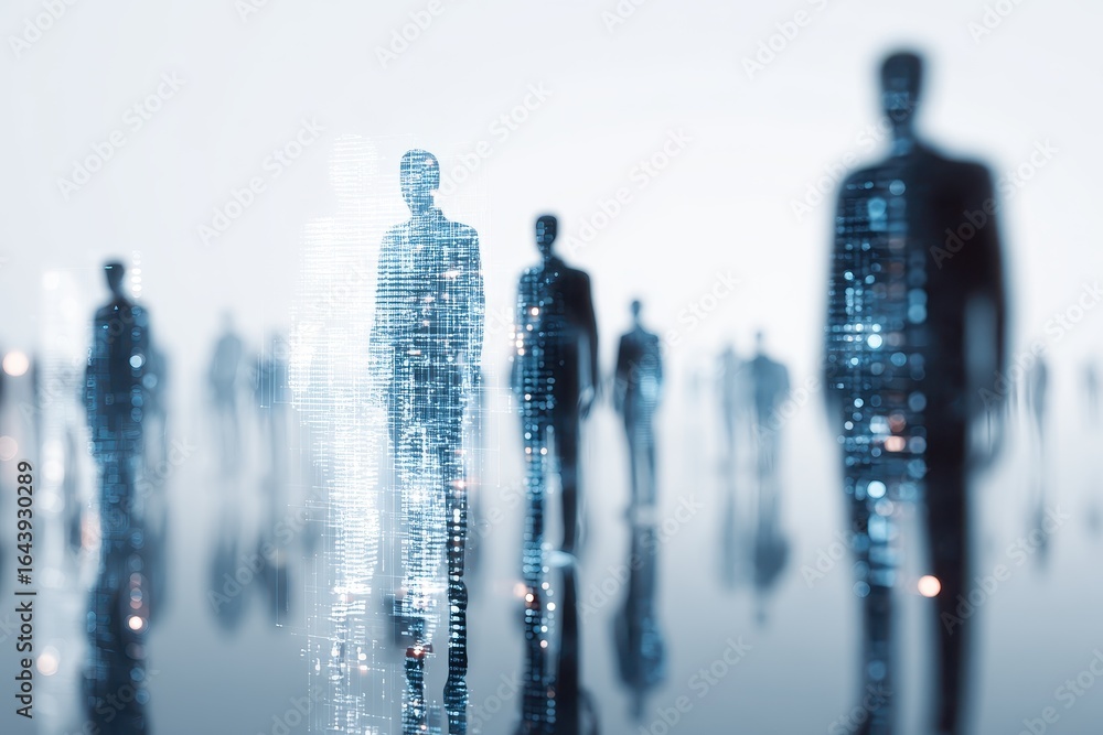 Poster digital figures stand in an abstract landscape showcasing technology and human interaction at twilig